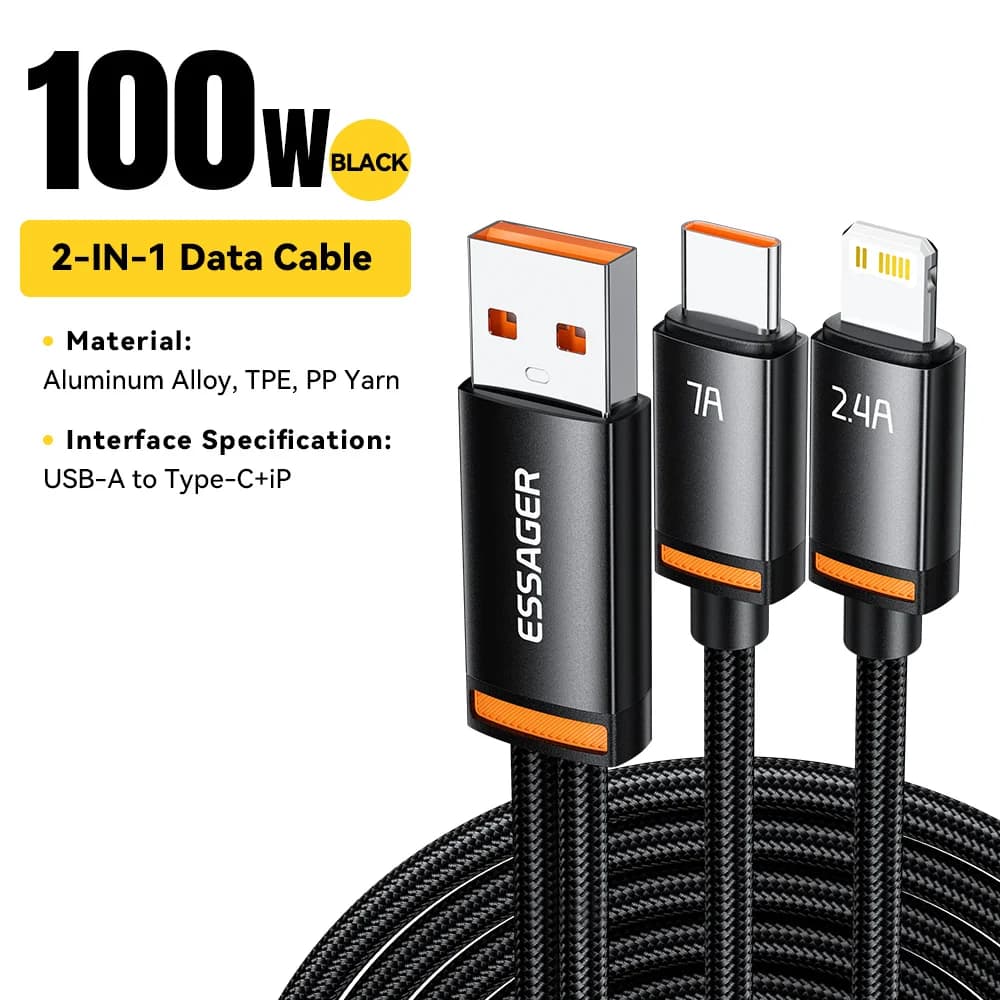 Cabo USB-A para Type-C e Lightning 2-em-1, 100W