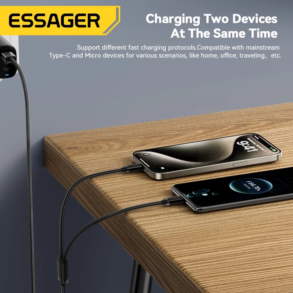 Cabo de Carregamento Rápido 2-em-1 USB Tipo-C e Micro USB