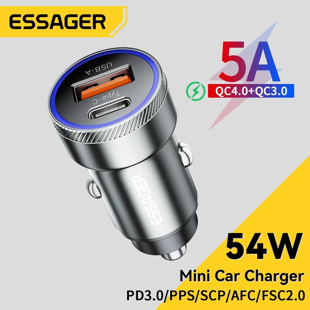 Carregador de Carro USB 54W com PD e QC 3.0