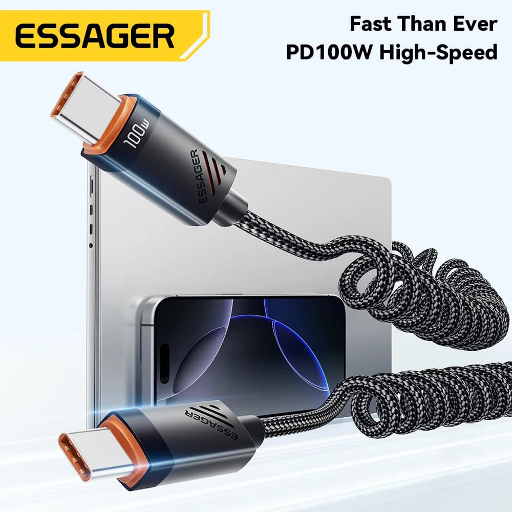 Cabo Espiral USB-C para USB-C de Carregamento Rápido 100W