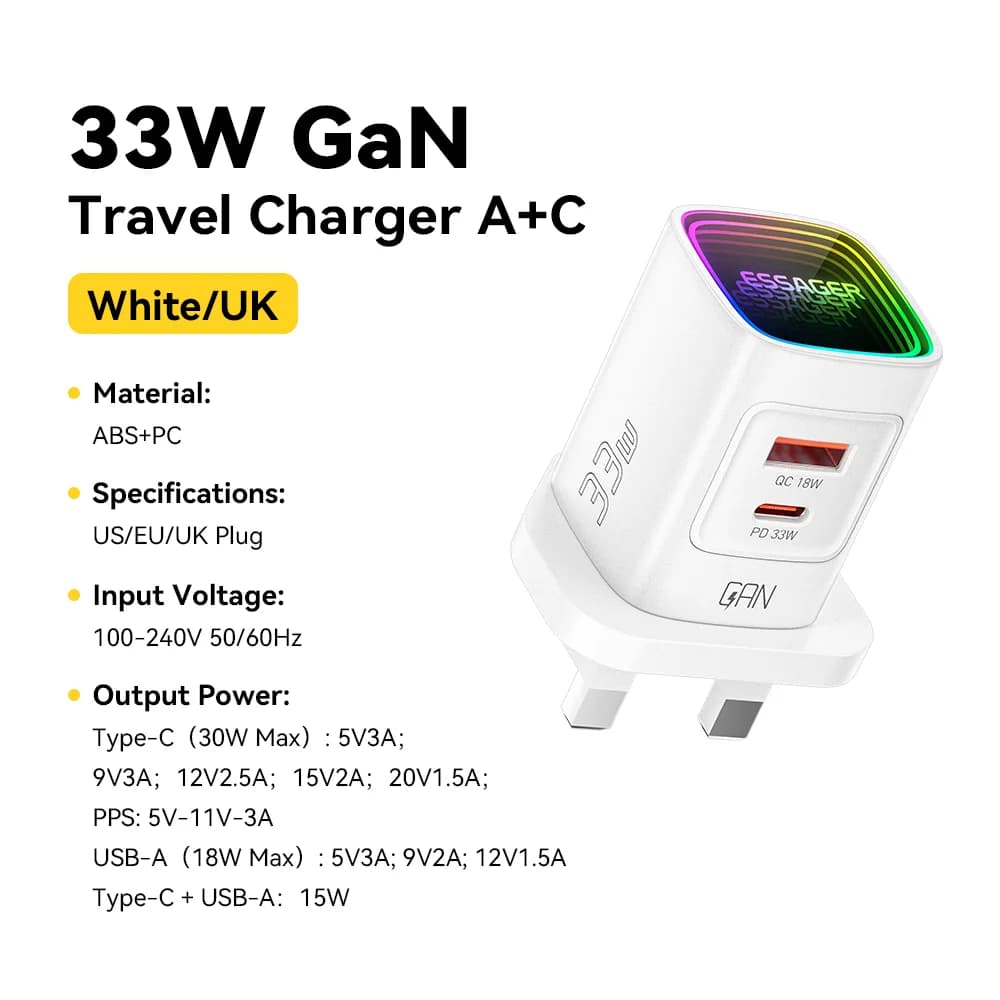 Carregador Portátil USB-C PD GaN 33W