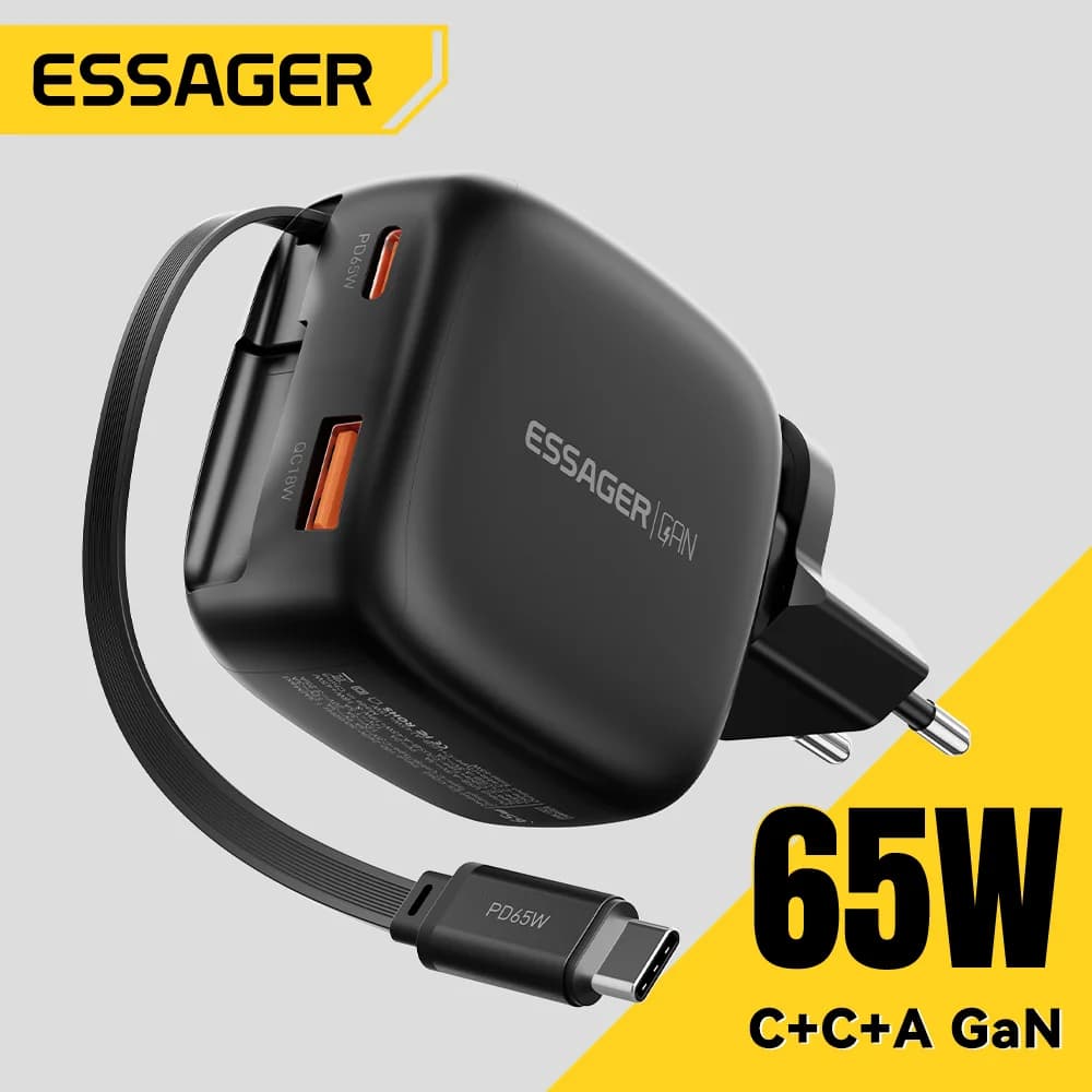 Carregador GaN 65W com Cabo USB-C Retrátil 3 em 1