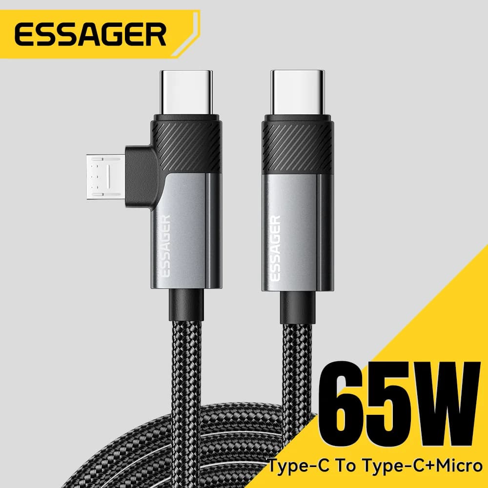 Cabo de Carregamento Rápido 2-em-1 65W PD Type-C/USB-A para Micro