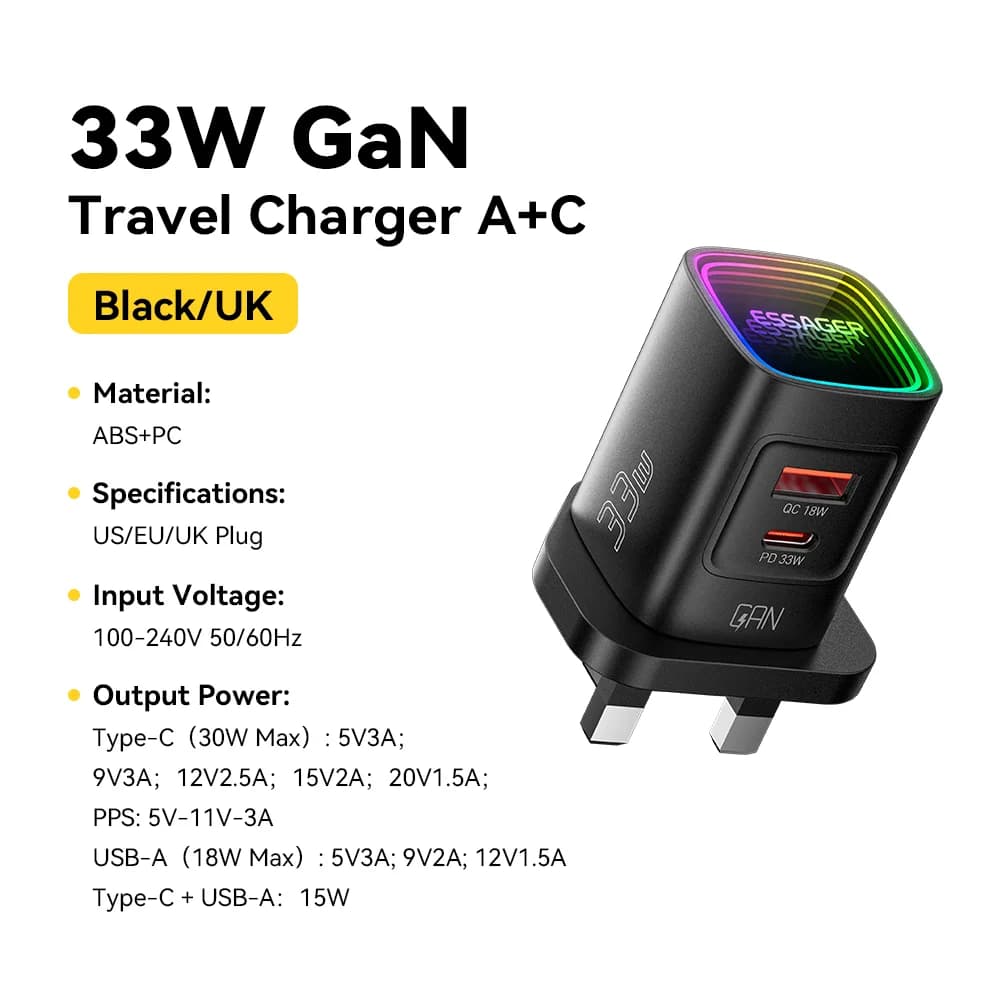 Carregador Portátil USB-C PD GaN 33W