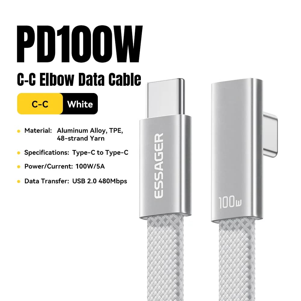 Cabo USB-C de Carregamento Rápido 100W em Ângulo