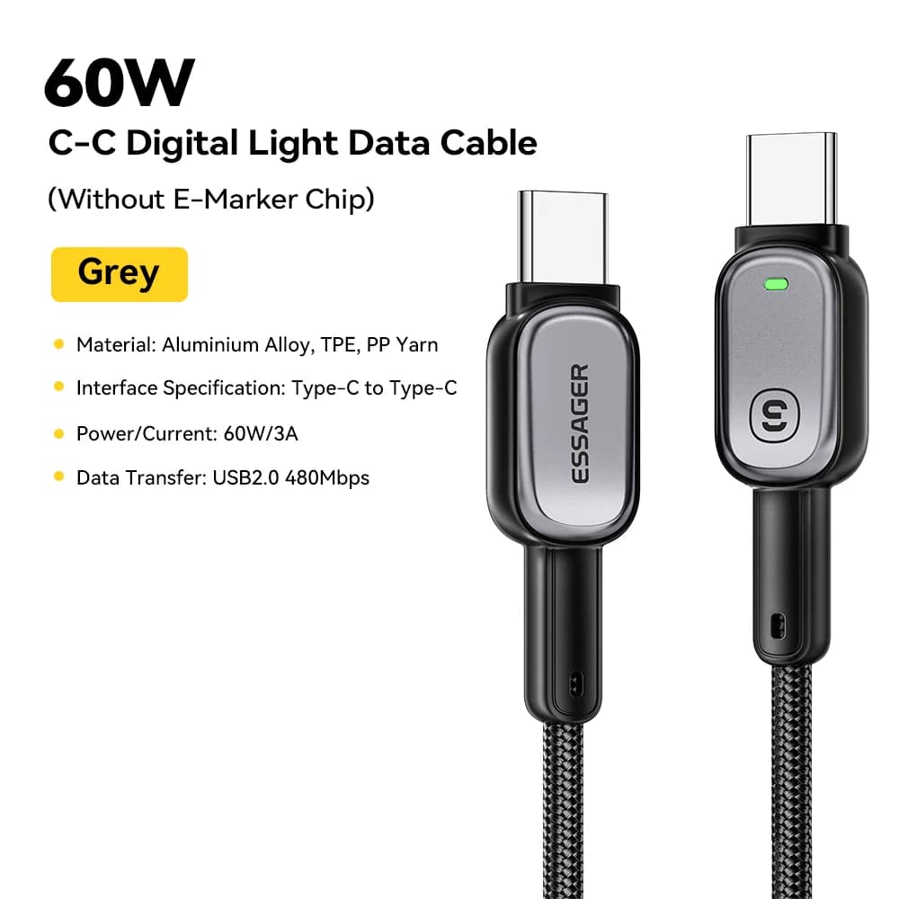 Cabo LED USB-C para USB-C 100W, Carregamento Rápido PD 5A