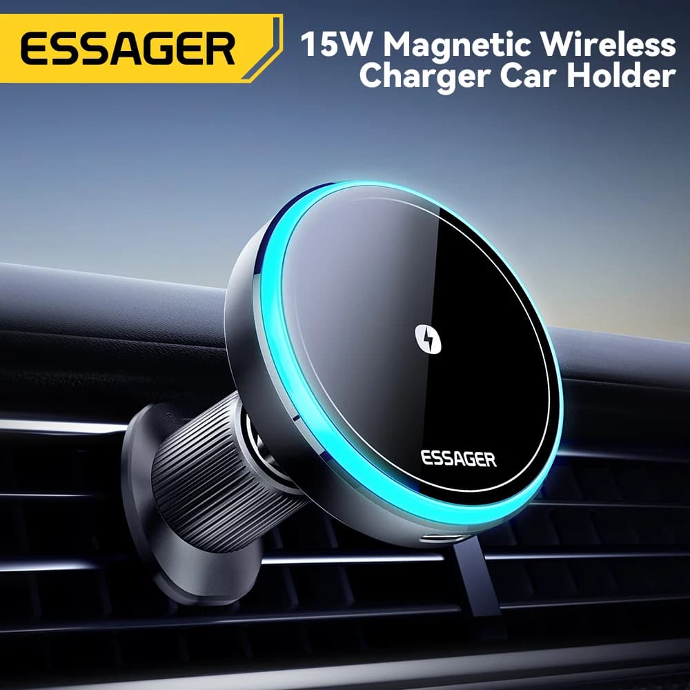 Suporte Magnético de Carro para Carregador Sem Fio 15W com LED