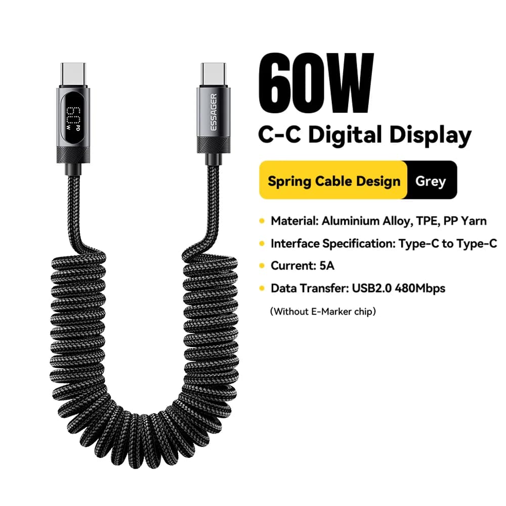 Cabo Automotivo USB-C para USB-C 100W com Mola