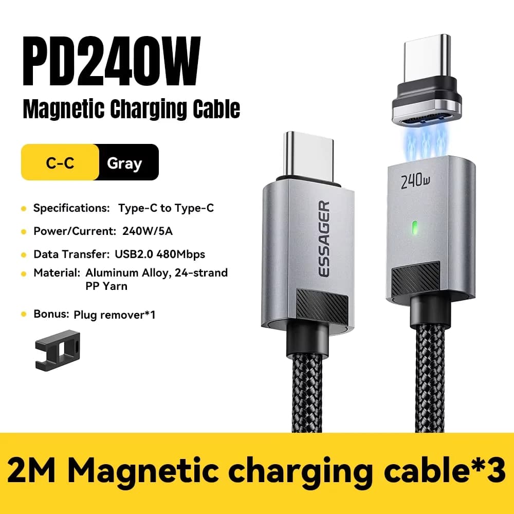 Cabo de Carregamento Magnético USB-C para USB-C 240W