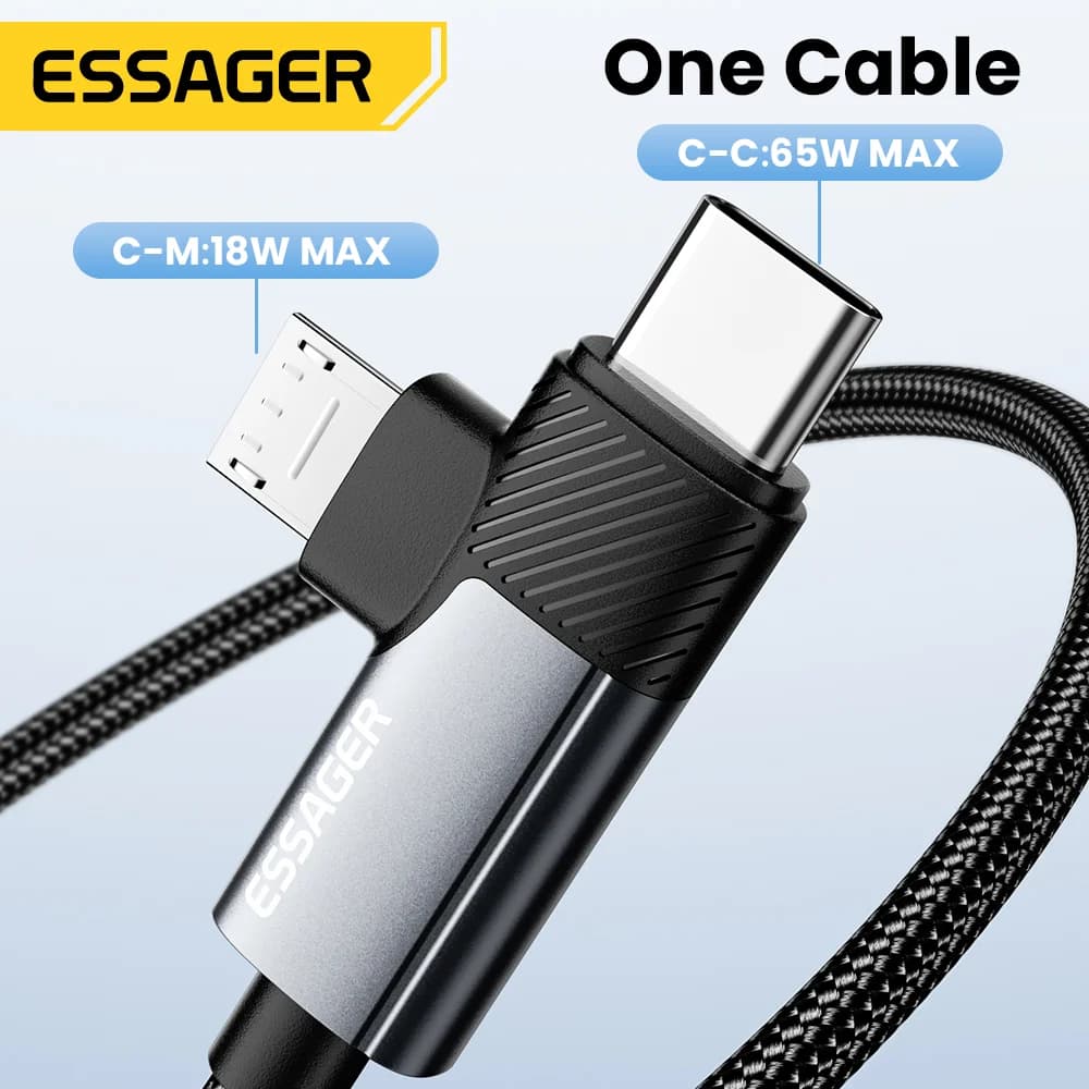 Cabo de Carregamento Rápido 2-em-1 65W PD Type-C/USB-A para Micro