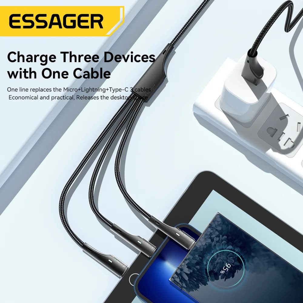 Cabo de Carregamento 3 em 1 USB-C Micro USB Lightning