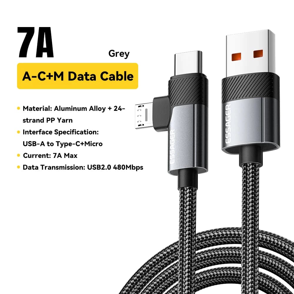 Cabo de Carregamento Rápido 2-em-1 65W PD Type-C/USB-A para Micro