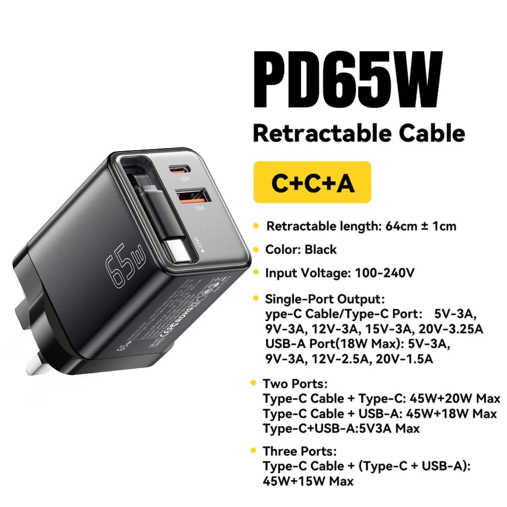 Carregador GaN 65W com Cabo Retrátil