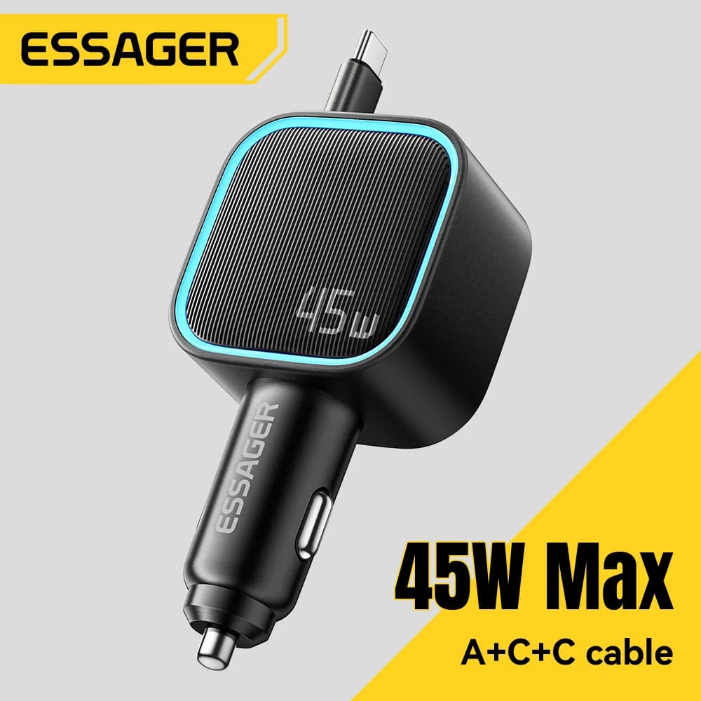 Carregador de Carro 45W com Cabo PD Retrátil de 75cm