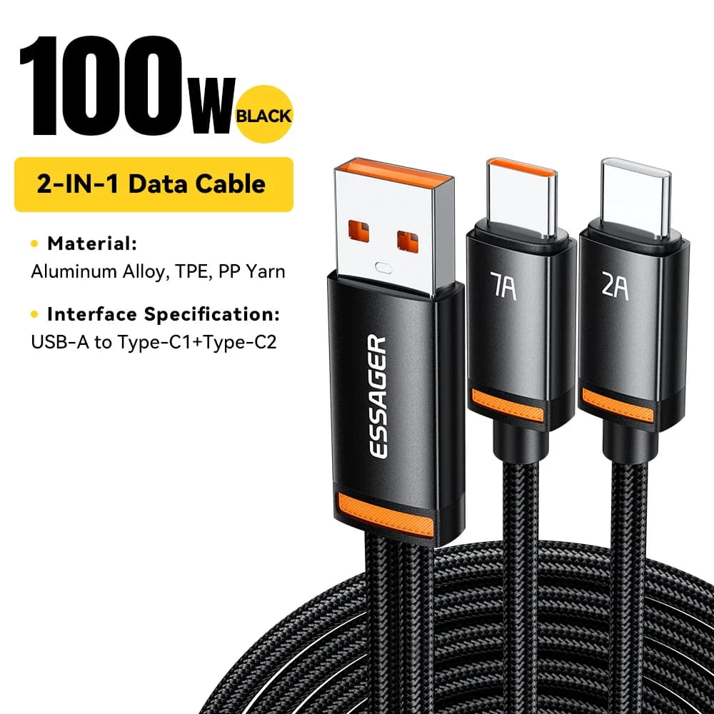 Cabo USB-A para Type-C e Lightning 2-em-1, 100W