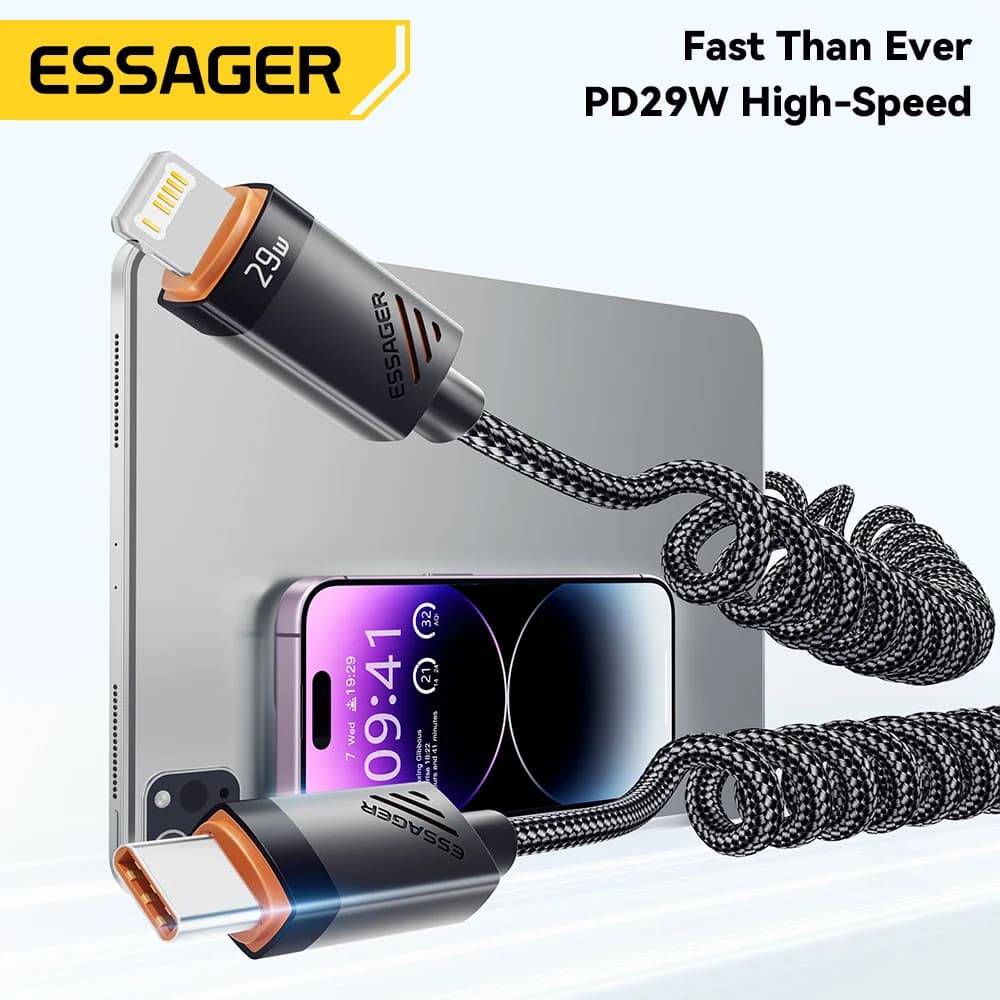Cabo de Carregamento Rápido USB-C para Lightning com Mola Retrátil