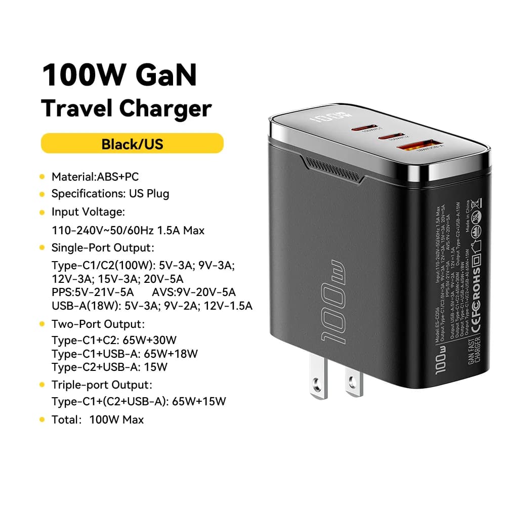 Carregador USB-C GaN 100W com Display Digital