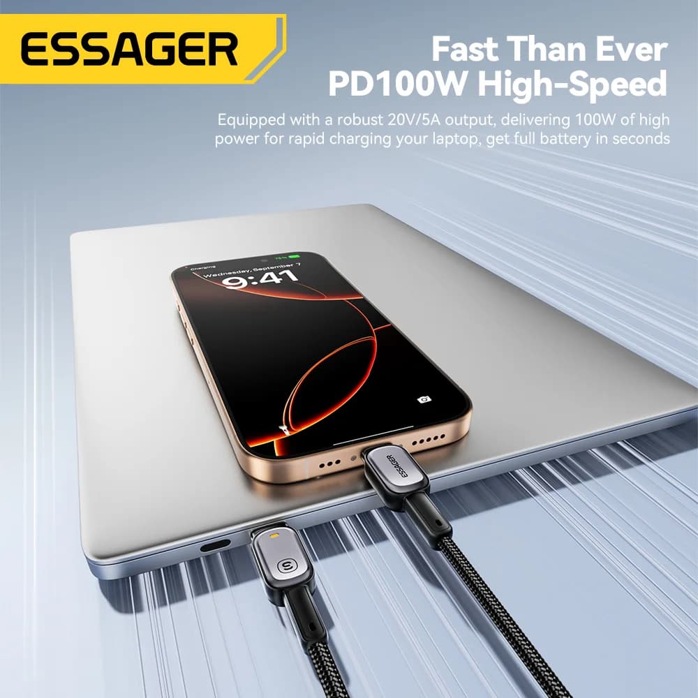 Cabo LED USB-C para USB-C 100W, Carregamento Rápido PD 5A