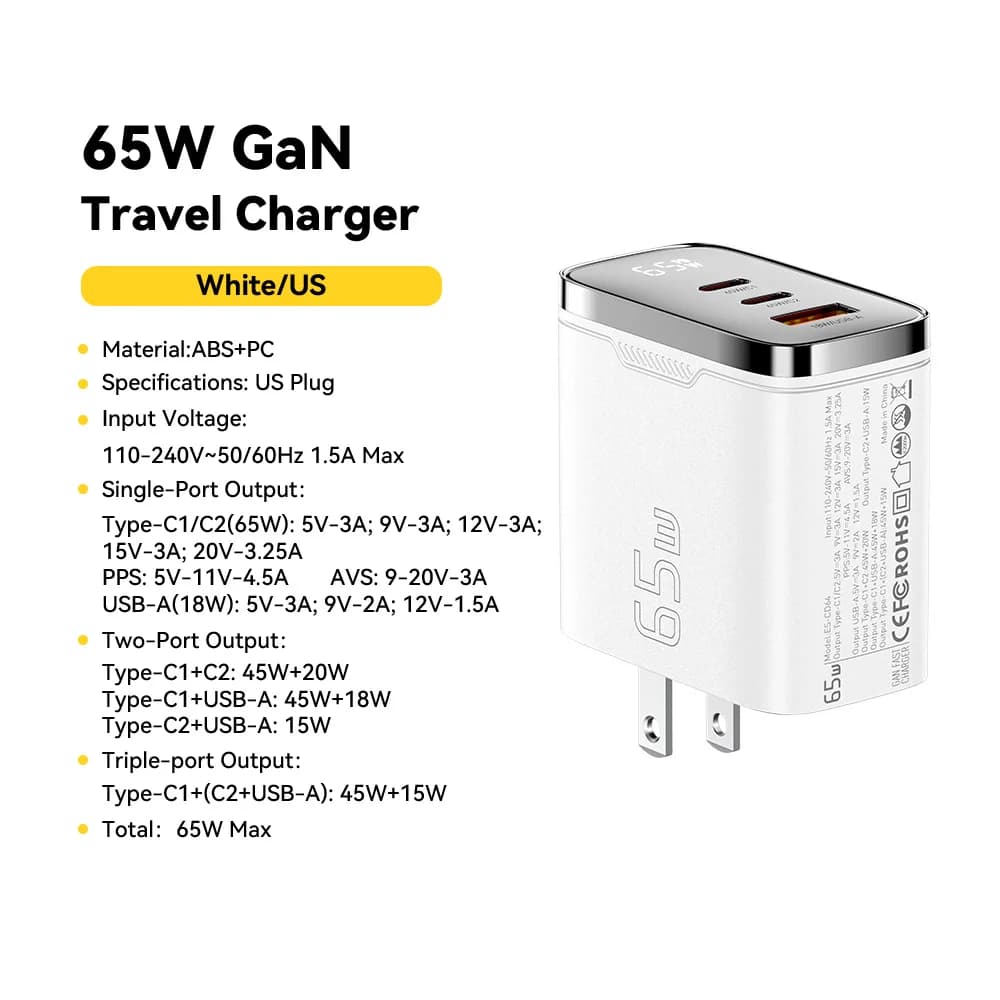 Carregador USB-C GaN 65W com Display Digital