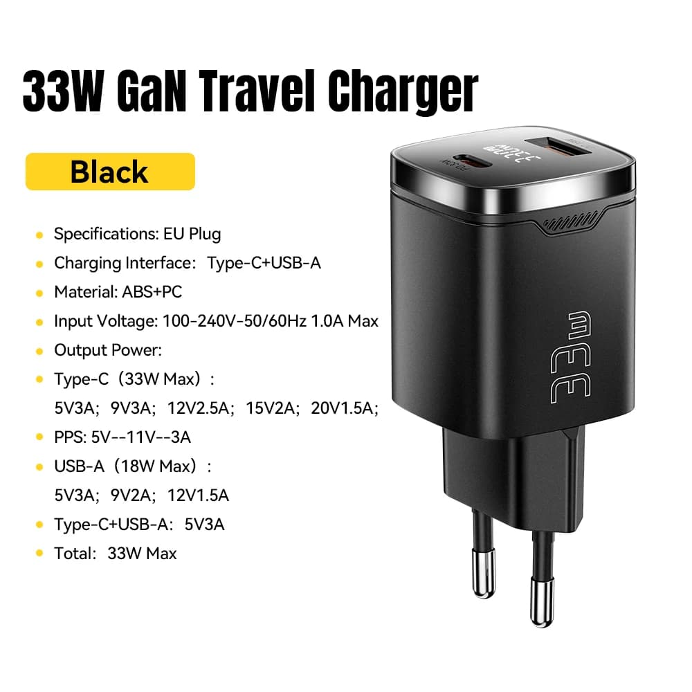 Carregador USB-C GaN 33W com Display Digital PD