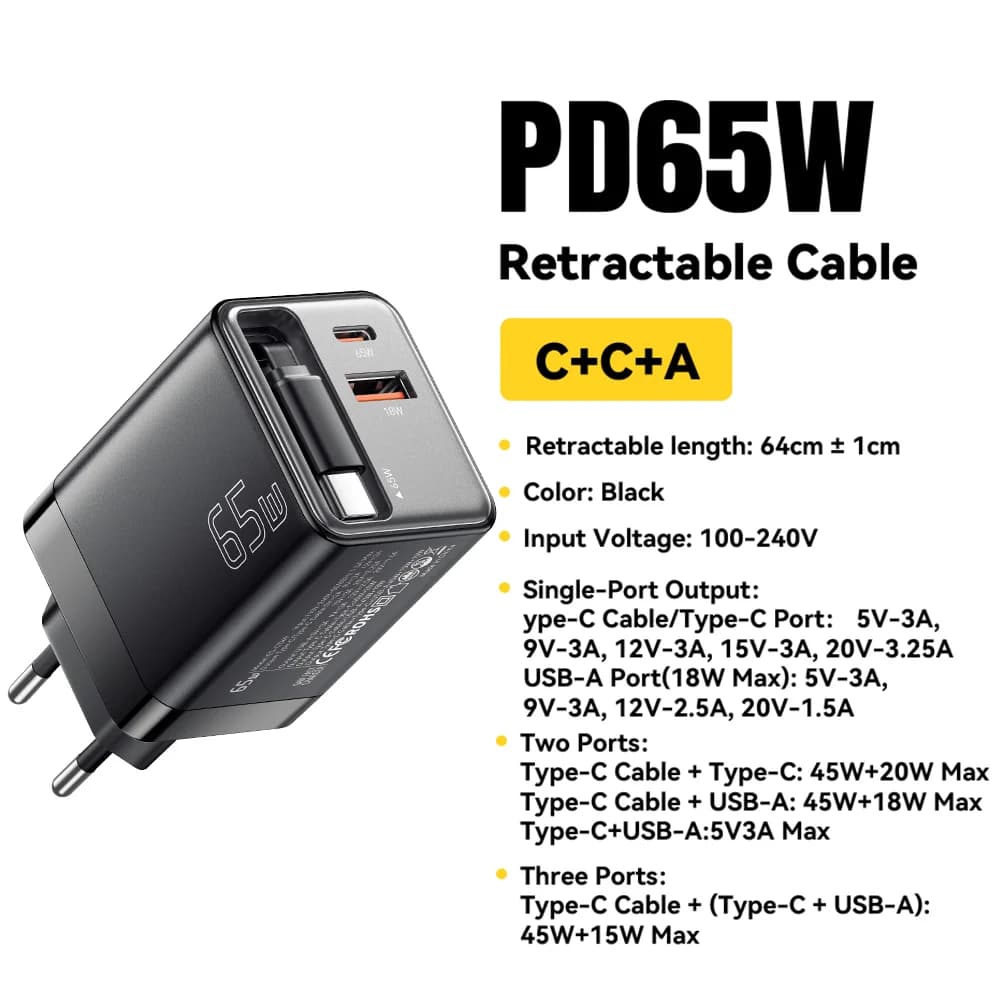 Carregador GaN 65W com Cabo Retrátil