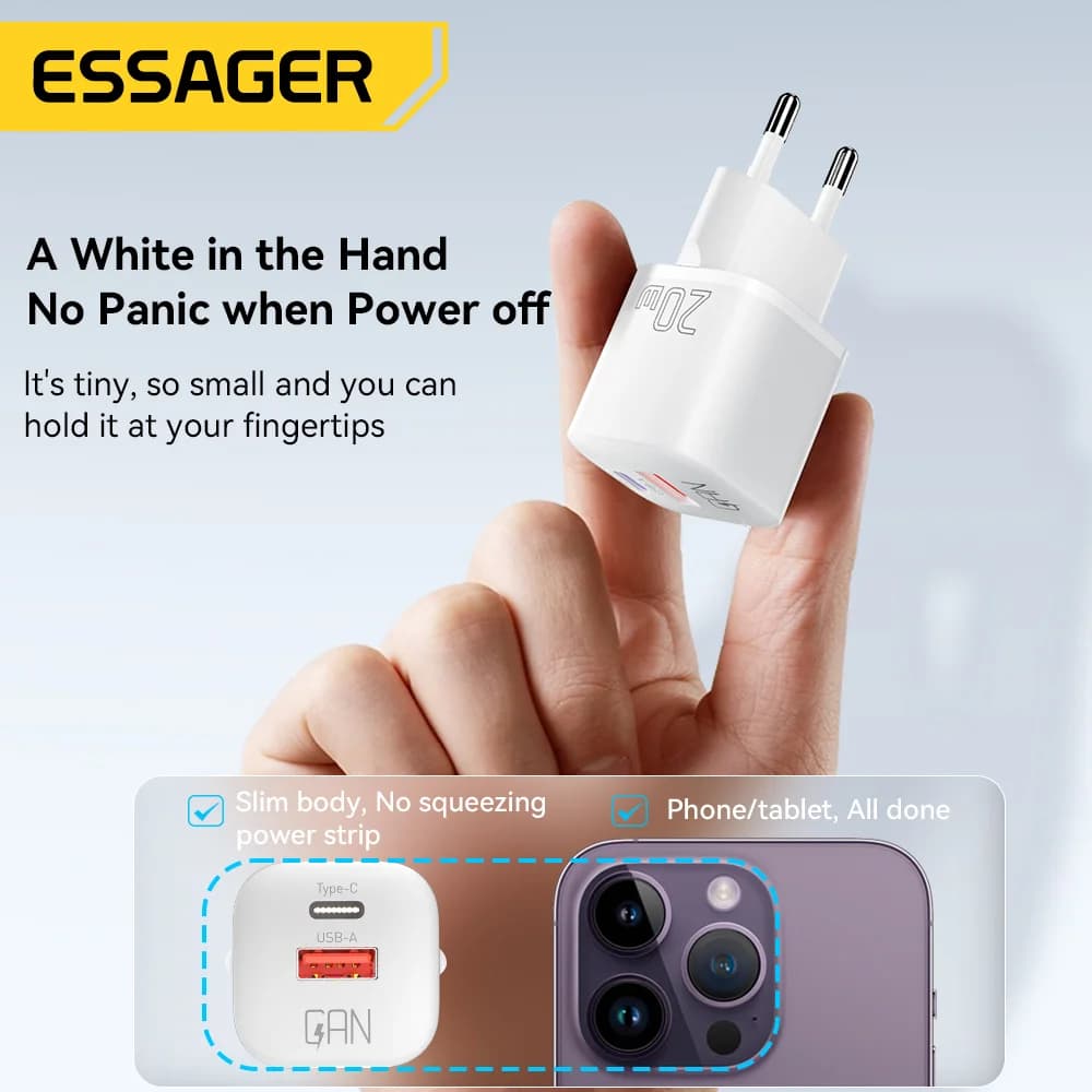 Carregador de Parede GaN USB-C PD Rápido 20W