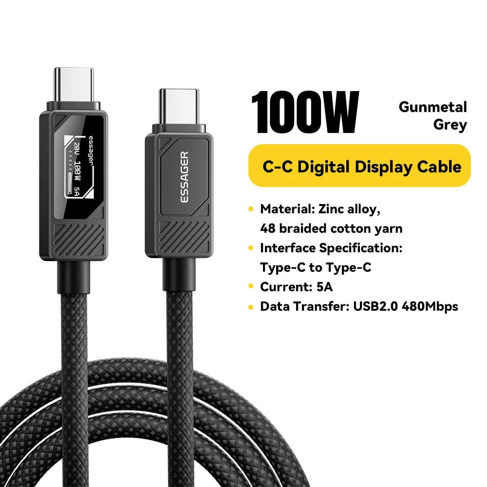 Cabo USB-C 100W com Display Digital e Carregamento PD