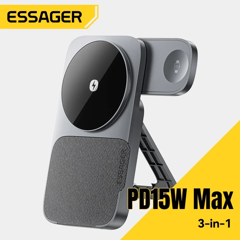 Suporte de Carregamento Sem Fio Magnético Dobrável 3-em-1 de 15W